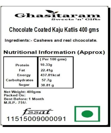 Ghasitaram Gifts Bhaidooj Gifts for Brothers - Chocolate Coated Kaju Katlis 400 GMS - Buy Online on SooperMarket.com