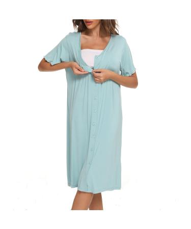 Jecarden Women's Maternity Nightgowns Short Sleeve Hospital Childbirth Nightgown Sleepwear Modal Cotton Nightgown with Comfortable Buttons Green L