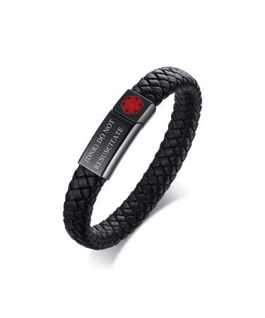 Free Custom Engraving Emergency Medical Alert ID Cuff Bracelet for Men Women (DNR) Do Not Resuscitate magnetic clasp-braided leather