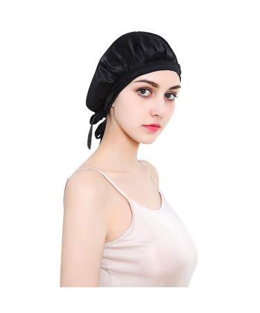 Hinataa sleeping cap made of 100% mulberry lide sleeping hat for women headgear for hair beauty with an elastic band for sleep hair loss hair protection brown one size black size black
