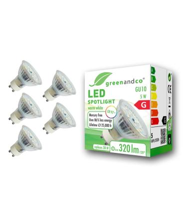 Greenandco 5x CRI 97+ GU10 LED Spot 5W 320 LM 110 2700K warm white 230V flicker -free not dimmable 2 years guarantee 5W 2700k 110 5 pieces (1 Pack)