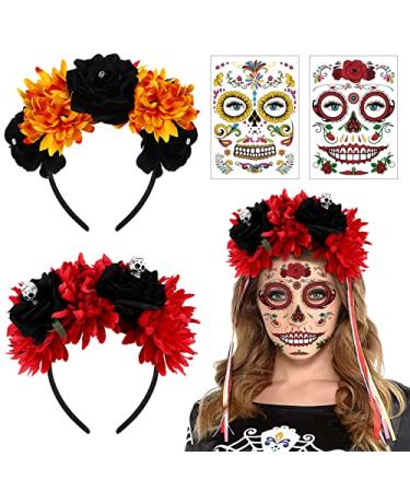 FRCOLOR Day of The Dead Headband  2Pcs Mexican Flower Crown Festival Headband with 2PCS Halloween Dead Tattoos for Costume Halloween (Red and Orange)