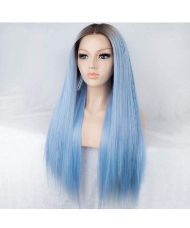 SHIYID Blue Wig for Women | Synthetic Lace Front Wig with Brown Roots | Long Straight Light Blue Hair - Buy Online on SooperMarket.com