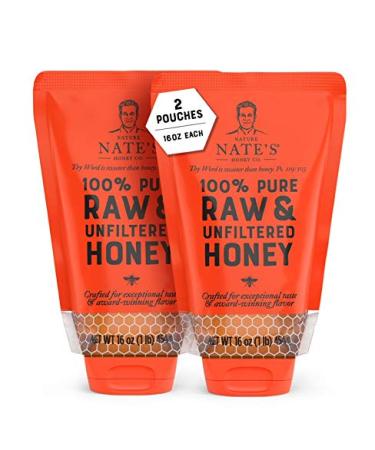 Nature Nate's 100% Guarantee Pure Raw & Unfiltered Honey No-Drip Sustainable Squeeze Pouch 16 Oz (Pack of 2)