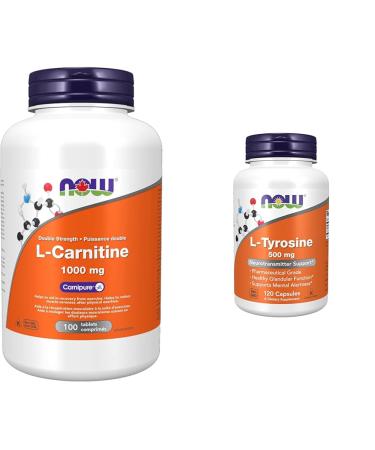 NOW - L-Carnitine Double Strength 1000mg 100 Tablets & L-Tyrosine (Freeform) Capsules 500mg 120 Count Nutritional Supplement + Capsules