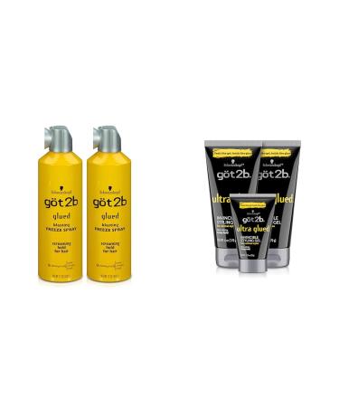 Got2B Glued Blasting Freeze Hairspray 12 oz Pack of 2 & Ultra Glued Invincible Styling Gel 2-6 oz Tubes + 1 Travel 1.25 oz Tube Blasting Freeze Spray 12 Fl Oz (Pack of 2) Hairspray + Styling Gel 2 - 6 oz
