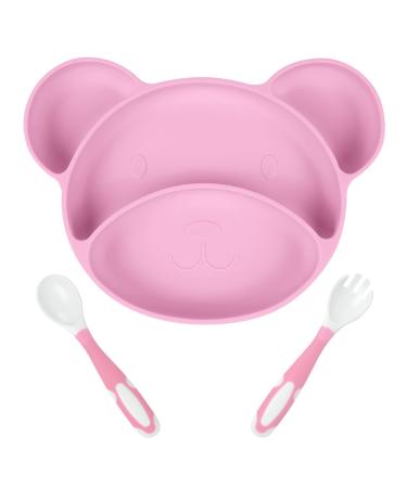 Vicloon Suction Plates for Baby  Silicone Baby Plates  Toddler Plates Bear Shape  Divided Plates Stay Put with Suction Feature  Silicone Grip Dish for BPA Free  Dishwasher&Microwave Safe(Pink)
