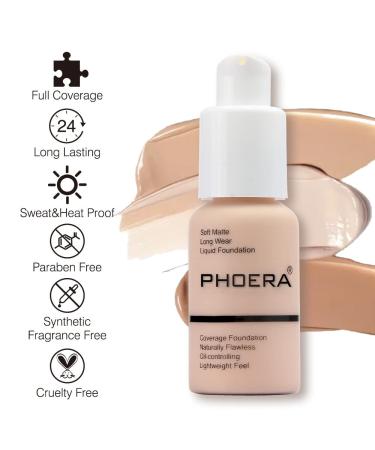 Phoera Full Coverage Foundation Soft Matte Oil Control Concealer 30ml, 24HR Long Lasting, with Makeup Primer for Flawless Finish - 102 Nude & Primer - Buy Online on SooperMarket.com