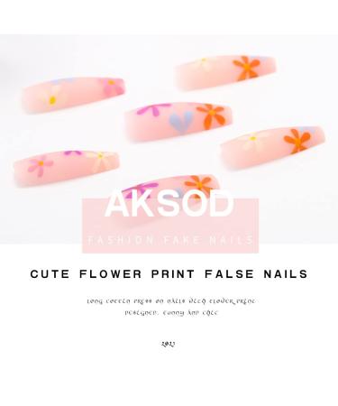 Colorful Matte Long Coffin Press on Nails - Pink Flower Design 24Pcs for Women and Girls - Buy Online on SooperMarket.com