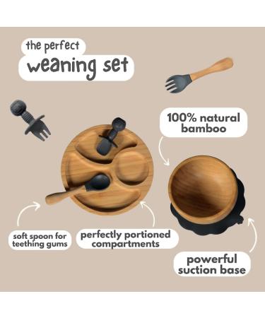 77 Star Bamboo Baby Weaning Set - Suction Bowl, Plate, Spoon & Fork | Non-Slip Baby Feeding Set with Detachable Suction Base | Grey Color - Buy Online on SooperMarket.com