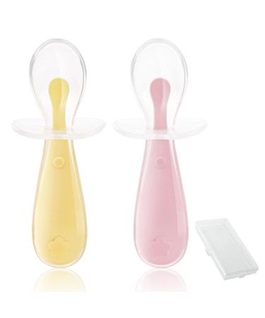 Vicloon Self-Feeding Weaning Spoons 2pcs Silicone Baby Spoons Silicone Self Feeding Utensil Easy Grip Toddler Cutlery Kit for weaning and Learning to use Cutlery Yellow-pink