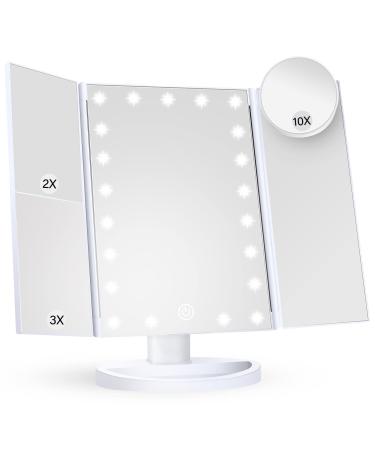 Makeup Mirror Vanity Mirror with Lights, 2X 3X 10X Magnification, Lighted Makeup Mirror, Touch Control, Trifold Makeup Mirror, Dual Power Supply, Portable LED Makeup Mirror, Women Gift (White+10X)