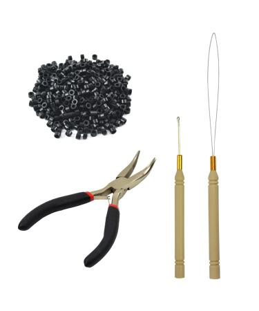 Hair Extensions Tool Kit Black Hair Pliers Pulling Hook Bead Device Tool Kits and 500 Pcs 5 mm Micro Links Rings Beads ( Black ) Black Hair Pliers 500 Pcs Black
