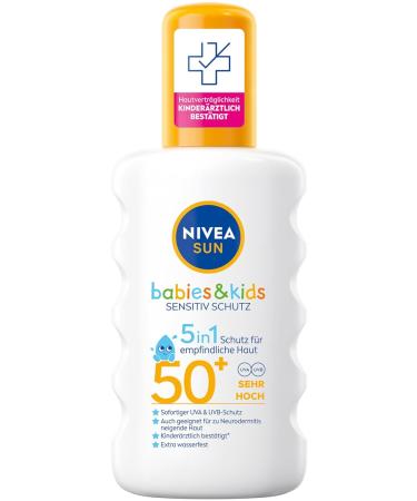 Nivea Sun Babies & Kids Sensitive Protection Sunspray LSF 50+ (200 ml) Extra waterproof sunscreen spray for children sun milk as a practical spray without perfume