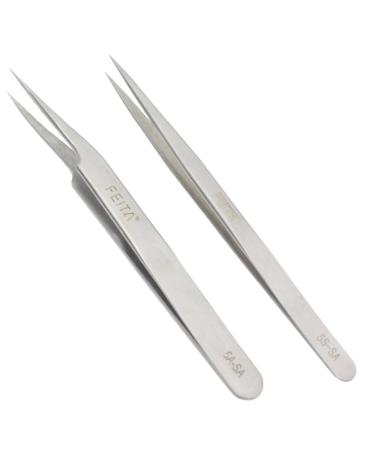 FEITA Precision Tweezers Professional Stainless Steel Straight & Slanted Tip Best Tweezers Set for Eyelash Extension  Craft  Jewelry  Eyebrow & Ingrown Hair Removal (Silver 2Pcs)