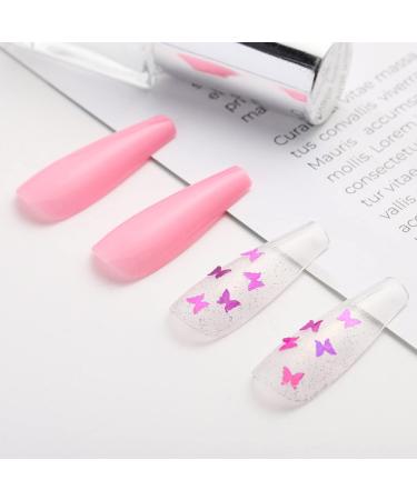 Aksod Pink Gradient Press on Nails with Butterfly Glitter Long Square Coffin False Nails for Women and Girls - Buy Online on SooperMarket.com