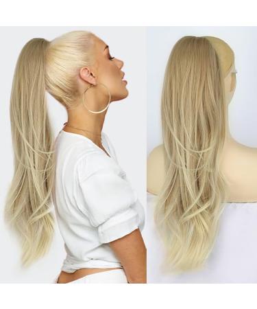 PORSMEER Ponytail Extension Drawstring Ponytail Hair Extensions Brown to Blonde Colour 26 Inch Long Natural Straight Wavy End Synthetic Hairpiece for Women Girls Daily Use Light brown to blonde