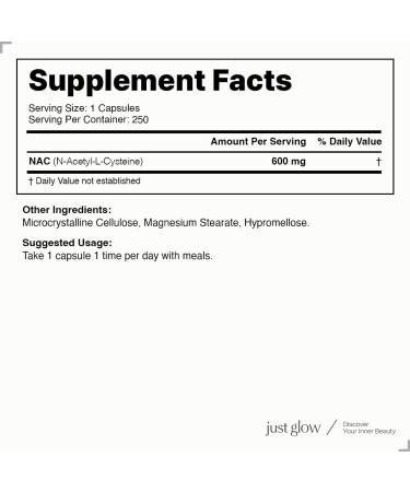 Just Glow NAC (N-Acetyl-L-Cysteine) 600mg - 250 Capsules | NAC Supplement | Pure NAC 600mg Capsule for Antioxidants | Maintenance of Good Health | Made in Canada | 250 Vegetable Capsules 250 count (Pack of 1) - Buy Online on SooperMarket.com
