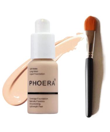 Glamza PHOERA Foundation Concealer Makeup Full Coverage Matte Brighten Long Lasting UK + Professional Flat Face Foundation Brush (102 NUDE)