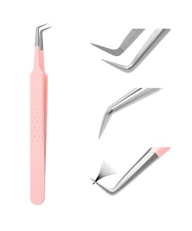 Tweezers for Eyelash Extension Professional Pink Stainless Steel Curved Tip Professional Eyelash Tweezers Striped FADVAN(90 Bend Shape) 90 Bend Shape Pink