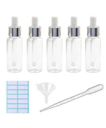 5Pcs Transparent Dropper Bottle 30ML Plastic Eye Dropper Bottles for Essential Oil Pipette Refillable - with Measured Pipette Funnel and Labels (White + Silver Cap) 30ml White + Silver Cap
