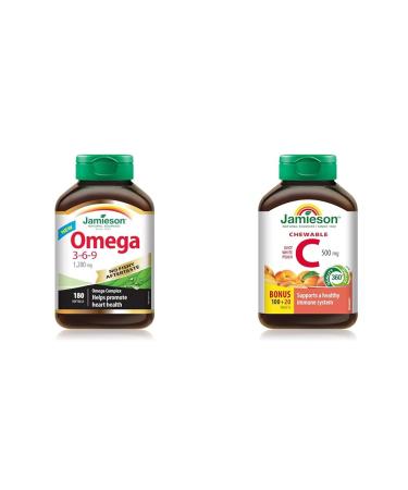 Jamieson NFA Omega 3-6-9 180 Softgels & Chewable Vitamin C 500 mg - White Juicy Peach Flavour 120 Count (Pack of 1) SUPPLEMENT + VITAMIN 9221