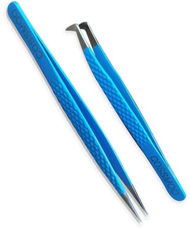 2 Pieces Diamond Grip Eyelash Tweezers Professional Set- COSSMOO Straight And Angled Curved L-Shape Volume Tweezers For Lashes Extension Pointed Individual Application Tweezers For False Lash - Buy Online on SooperMarket.com