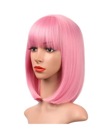 AISI BEAUTY 12 Inch Pink Bob Wig with Bangs - Short Straight Synthetic Cosplay Party Wig for Women - Buy Online on SooperMarket.com