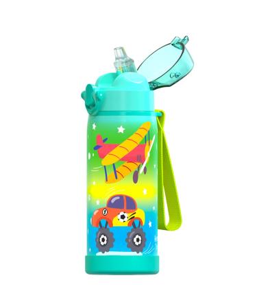 Insulated Water Bottle with Straw for Kids Boys Girls  Durable Stainless Steel & Leak Proof One Click Open Soft Straw & Protective Silicone Boot  16oz - Airplane & Truck