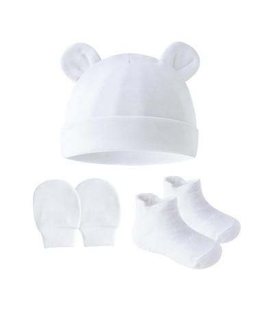 3Pcs Scratch Mittens Newborn Baby Hats Newborn Mittens Baby Newborn Baby Gloves and Mittens Baby Mittens Newborn Cotton Warm Stretchy Cap Socks and No Scratch Mittens for Boys and Girls (white)