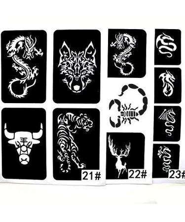Xmasir 3 Sheet 22Pcs Cool Drawing Glitter Tattoo Stencil for Men  Wolf Dragon Tiger Skull Animal Airbrush Stencils & Templates