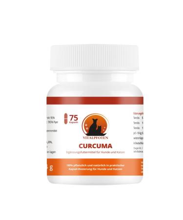 Vital paws 75 curcuma capsules for dogs and cats with curcumin and piperine supplementary feed gentle dosage production in Germany maximum purity and quality