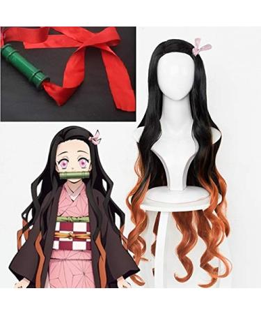 Demon Slayer Kimetsu No Yaiba Kamado NEZO COSPLAY WIG HEAT Resistant Synthetic Hair Wigs + Wig Cap + Bamboo Props Sealing Stick and Stick 1