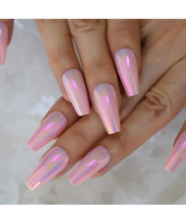 Shiny Holographic Pink Almond Press-On Nails | Long Reflective Ballerina Coffin Tips - L5672 - Buy Online on SooperMarket.com