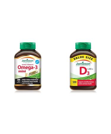 Jamieson No Fishy Aftertaste Extra Strength Omega-3 Mini (200 Count) + Vitamin D 1 000IU (500 Tablets) Omega-3 Mini + Vitamin D3 1 000 IU