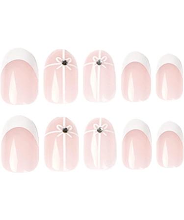 Justotry 24 Pcs Beige Almond Short False Nails French Press on Nails - White Striped Pattern Fake Nails with Nail Glue for Women - Buy Online on SooperMarket.com