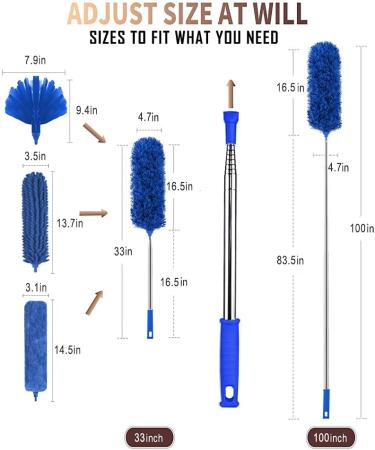 Microfiber Feather Duster 5PCS Set | Washable Cobweb Dusters with 100 Extension Pole | Bendable Telescopic Duster for High Ceilings, Fan Blades, Furniture, and Cars - Blue - Buy Online on SooperMarket.com