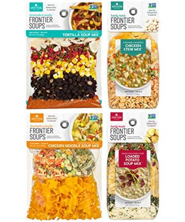 Frontier Soups Favorites Variety Pack: South of the Border Tortilla, Connecticut Cottage Chicken Noodle, Colorado Campfire Chicken Stew and Rocky Mountain Trail Loaded Potato.