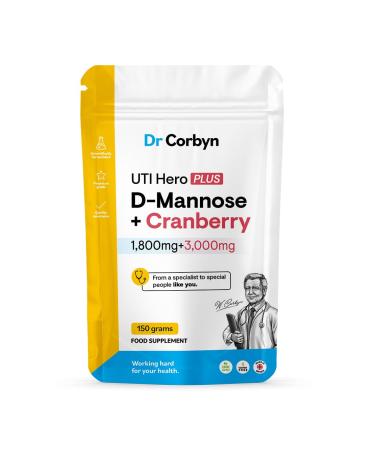 Dr Corbyn D-Mannose + Cranberry Powder Supplement - 150 Grams | Provides 1 800mg D-Mannose & 3 000mg Fresh Cranberries | UTI Care Urinary Tract Health 150 g (Pack of 1)