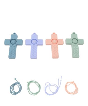 4PCS Baby Teether Cross Design Silicone Chewable Chew Teething Toy with Lanyard for Kids Newborn Gift