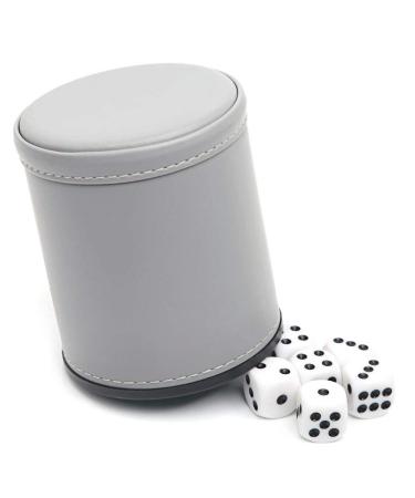 Dice Felt Lined PU Leather Dice Cup with 6 Dice, Felt Lined Interior Quiet Shaker for Yahtzee Game (Gray)