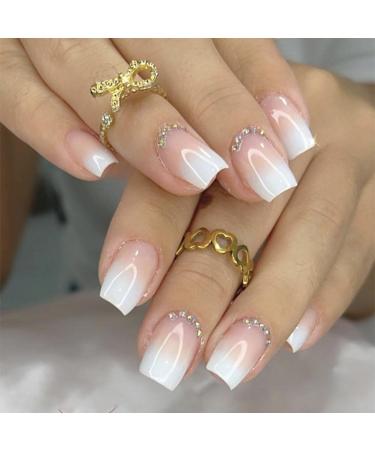 RikView White Press on Nails Short Acrylic Nails French Tips Nails White Nails Glossy Square Full Cover Nails 24 PCs/Set Short Square White