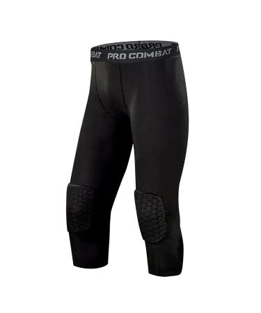 SS COLOR FISH Mens Basketball Leggings with Knee Pads 3/4 Compression Tights Pants Sports Athletic Baselayer Black Large