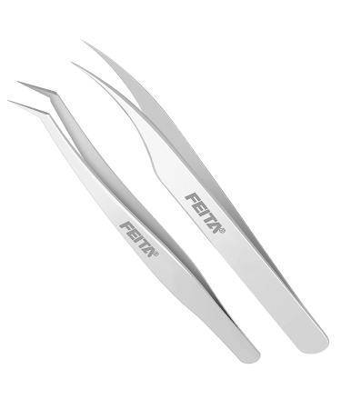 Volume eyelash extension tweezers - Feita Professional stainless steel angled curved lace precision tweezers for individual eyelashes 3D -6D volume eyelashes hair removal (2 pieces)