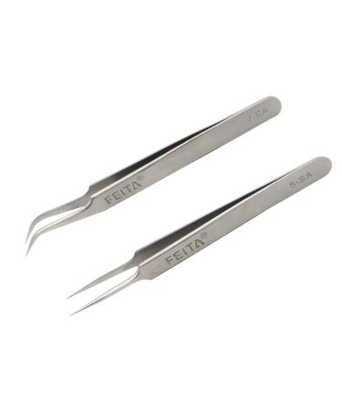 Eyelash tweezers - Feita Precision eyelash extension tweezers set - professional tweezers with a straight and curved lace and very fine tip for eyelash extensions - silver - 2st