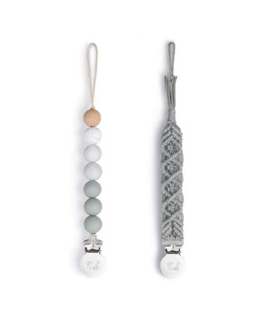 Pacifier Clips Binky Holder and Cotton Rope/Natural Holder for Boy and Girl Teething Holder Infant Baby Shower Gifts 2pack Grey
