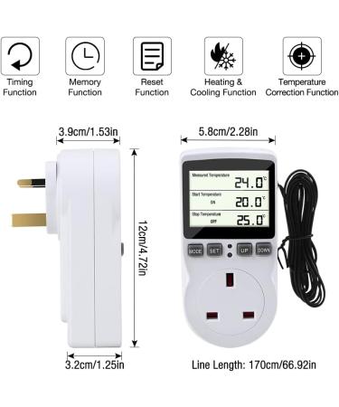 Gobesty Digital Temperature Controller Thermostat Outlet Socket 230 V Digital Thermostat Outlet Plug with Temp Sensor Temperature Switch Heating Cooling Timer for Greenhouse Farm Aquarium Reptile - Buy Online on SooperMarket.com