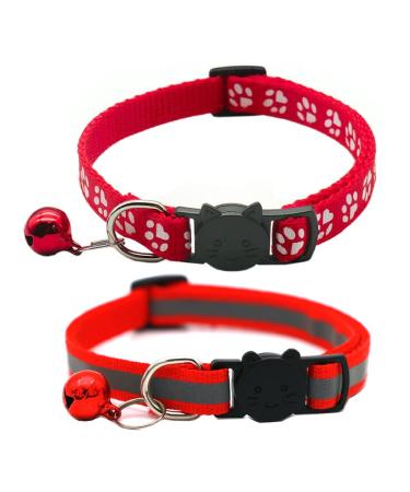 Hepplly 2-Pack Cat Collars Quick Release Reflective Kitten Collar with Bell (Red)