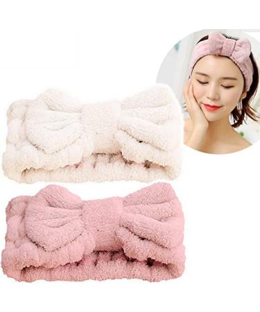 Jseng Microfiber Bowtie Women Beauty Headbands Extrame Soft & Ultra Absorbent Comfort to Wash Makeup Shower Facial Skincare Spa Thick Hair Band for Girls (Beige+Pink)