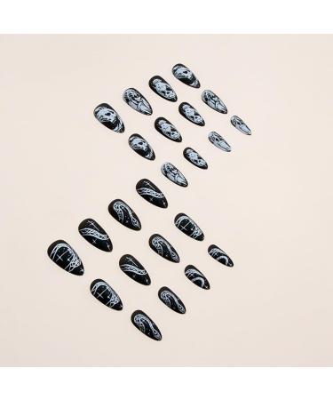 24Pcs Halloween Almond Press on Nails - Black Acrylic False Nails with Grimace & Snake Designs | Long Full Cover Stick on Nails for Women - Buy Online on SooperMarket.com